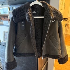 Zara Green & Black Shearling Jacket